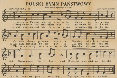 Polski Hymn Państwowy, słowa Józefa Wybickiego. Autor melodii nieznany. Kto napisał hymn? Józef Wybicki.
