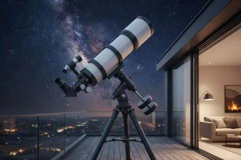 Teleskop na statywie na balkonie z widokiem na nocne niebo i miasto.