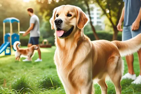 Uśmiechnięty golden retriever, którego waga jest idealna, bawi się z innymi psami i ludźmi w parku.