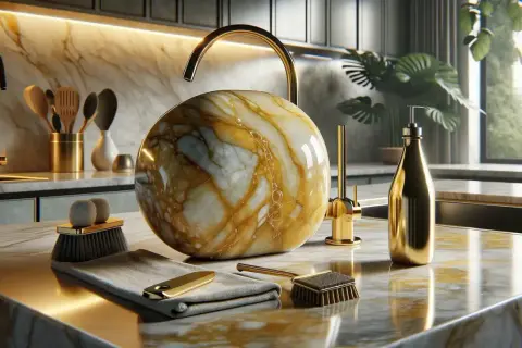 Detalles de limpieza en una cocina de lujo: un cepillo y paño listos para lijar mármol y mantener su brillo dorado.