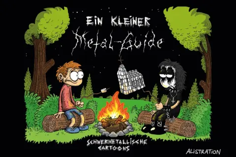 Zwei Jungen, einer im Metal-Look, sitzen am Lagerfeuer. Über ihnen hängt ein Marshmallow-Haus. Ein kleiner Metal-Guide für die härtesten Bands.