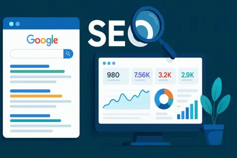 Ilustración de SEO: Google, gráficos de rendimiento y lupa. El **outreach que es** clave para el éxito digital.