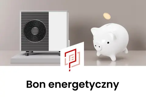 Pompa ciepła i skarbonka z monetami symbolizują oszczędności. Bon energetyczny 2026 to szansa na tańsze ogrzewanie.