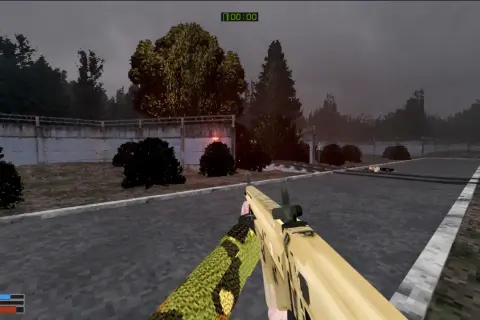 Gracz w grze typu extraction shooter trzyma karabin, celując w opuszczony teren z martwymi ciałami.