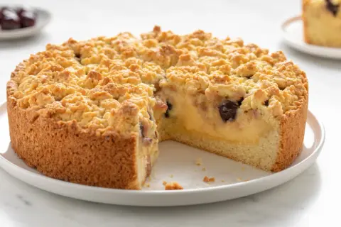 Torta sbriciolata con crema e ciliegie, perfetta tra i dolci per compleanno adulti.