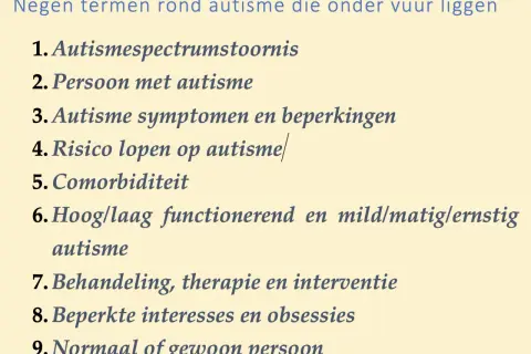Lijst met negen termen rond autisme, waaronder 'wanneer ben je autistisch' en 'autismespectrumstoornis'.
