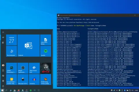 Widok ekranu Windows z otwartym PowerShell, gdzie widać komendę do sprawdzenia zainstalowanych aplikacji, pomocną gdy zastanawiasz się, jak odinstalować aplikacje na laptopie.