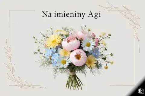 Wesołe imieniny Agnieszki! Bukiet pełen wiosennych kwiatów: różowych piwonii, żółtych gerberów i białych margaretek.