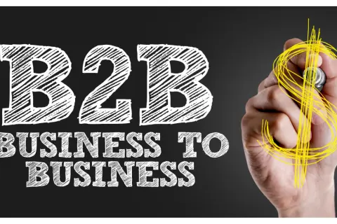 Mano disegna simbolo dollaro su lavagna con scritta "B2B Business to Business", il significato di B2B nel mondo degli affari.