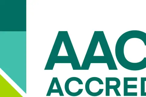 AACSB Akkreditierung: Siegel für exzellente Business Schools. Das Logo zeigt geometrische Formen in Grün- und Türkistönen sowie den Schriftzug "AACSB ACCREDITED".