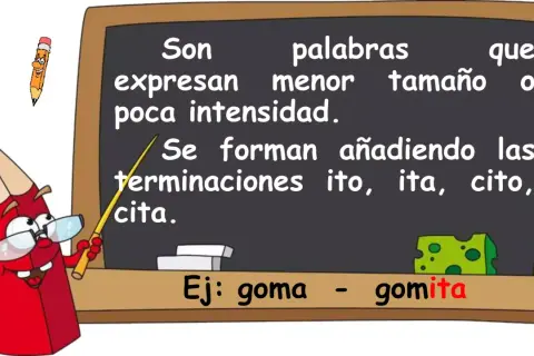 Un lápiz rojo explica en un pizarrón cómo se forman los aumentativos y diminutivos, usando "goma" y "gomita" como ejemplo.