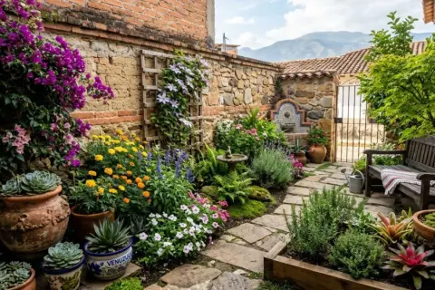 Un jardín exuberante con flores vibrantes y suculentas, ideal para crear un oasis verde. Las **plantas para tapar muros** añaden color y vida a este rincón acogedor.