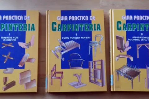 Tres guías de carpintería, con ilustraciones de trabajos en madera, muebles y reparaciones. Ideal para quienes trabajan con madera de palisandro.
