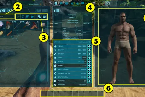 Interfejs gry Ark: Survival Evolved. Widok ekwipunku, statystyk postaci i menu craftingu. Poradnik dla graczy.