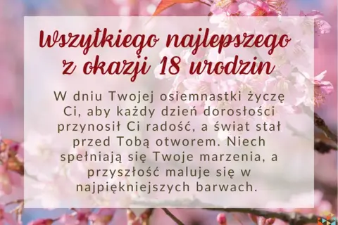 Grafika z życzeniami na 18 urodziny na tle kwitnącej wiśni.
