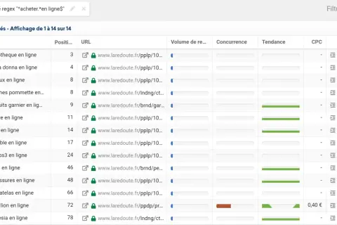 Tableau de mots-clés avec un filtre regex "^acheter.*en ligne$". On y voit des termes comme "acheter bibliothèque en ligne", "acheter jeans en ligne", etc.
