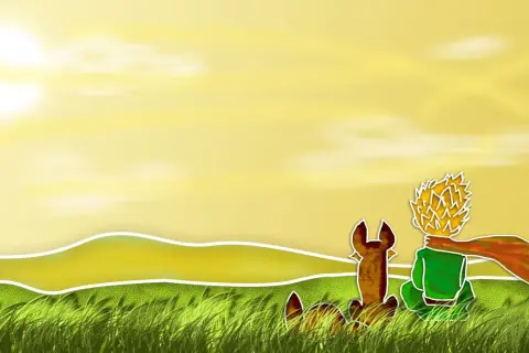 Le Petit Prince et son renard contemplent le soleil couchant. Une belle image pour une citation baptême petit prince.