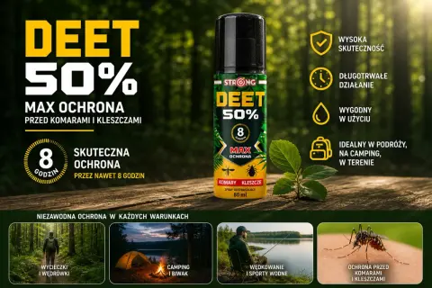 Spray DEET 50% to skuteczna ochrona przed komarami i kleszczami. Idealny na wycieczki, camping i wędkowanie.