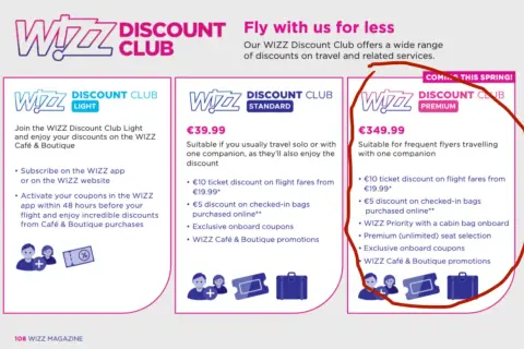 WIZZ Discount Club Premium: €349.99. Ideal for frequent flyers. Oferuje zniżki na loty, bagaż, wybór miejsc i więcej.