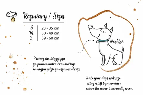 Ilustracja psa z obrożą i tabelą rozmiarów obroży.