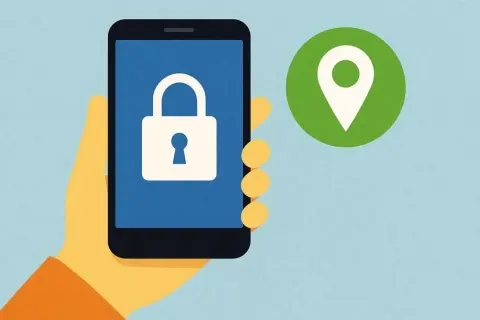 Main tenant de son smartphone, une main jaune tient l'appareil affichant un cadenas blanc sur fond bleu. À droite, un marqueur de localisation vert symbolise la protection des données.