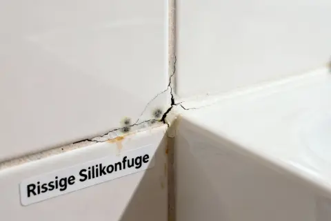 Rissige Silikonfuge mit Schimmelbildung. Zeit, die Silikonfugen zu erneuern, um Feuchtigkeitsschäden zu vermeiden.