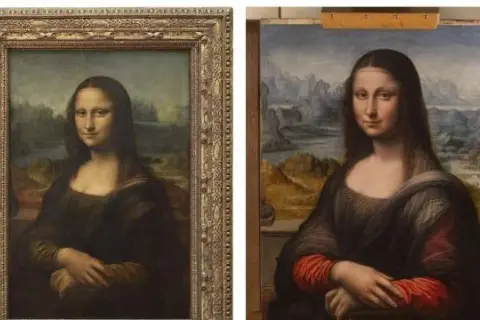 Dwie wersje Mona Lisy: jedna w złotej ramie, druga bez, przypominająca tę z Prado.
