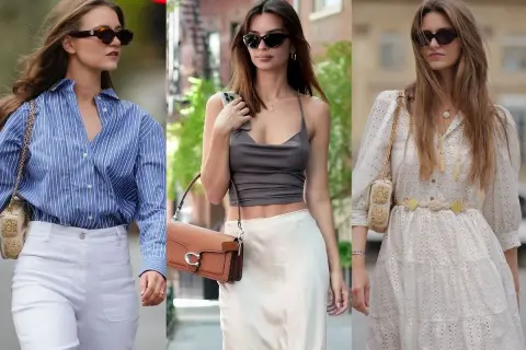 Trzy kobiety prezentują stylowe stylizacje boho: w paski, satynową spódnicę i zwiewną sukienkę.