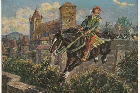Ein Ritter springt mit seinem Pferd über eine Mauer. Gab es den Raubritter Eppelein von Gailingen wirklich? Die Burg im Hintergrund lässt an Legenden denken.
