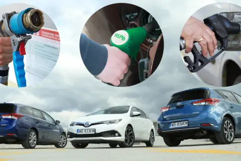 Trzy sceny tankowania samochodów: gazu, benzyny 95 oktanów i nieznanego paliwa. Na dole trzy Toyoty Auris. Na to diesel czy benzyna?