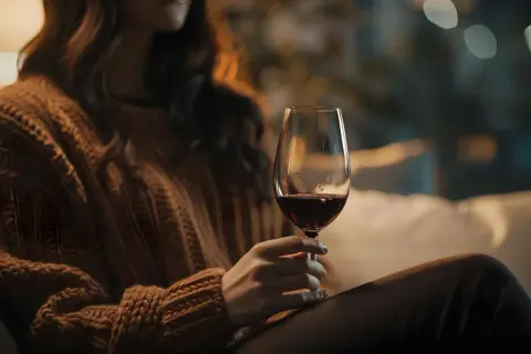 Kobieta w swetrze trzyma kieliszek czerwonego wina. Czas na relaks, gdy wino nie pracuje, a wieczór staje się spokojny.