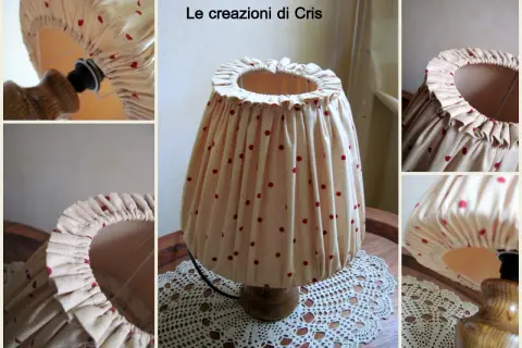 Dettagli su come rivestire un paralume a cupola con tessuto a pois rossi.