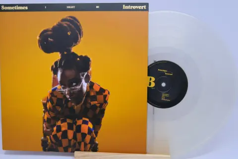 Little Simz, czasem introvert, na okładce płyty "Sometimes I Might Be Introvert". Obok przezroczysta winylowa płyta.