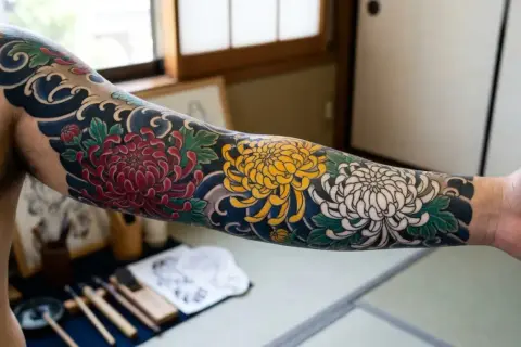 Ein farbenfrohes Irezumi-Sleeve mit Chrysanthemen und Wellen.