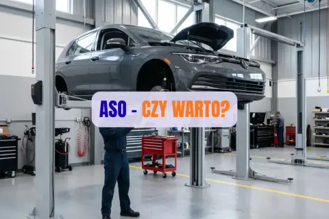 Szary samochód na podnośniku w ASO. Mechanik pracuje pod autem, a nad nim napis "ASO - CZY WARTO?".