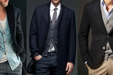 Trois hommes stylés montrent comment porter un cardigan homme avec élégance, superposé sous un manteau ou une veste.