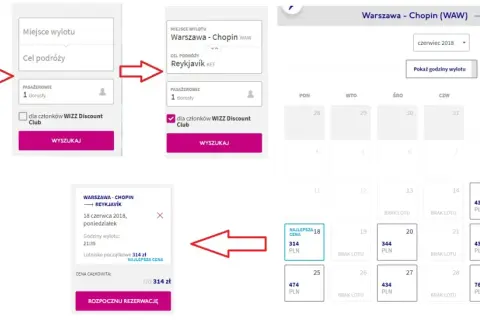 Zrzut ekranu z procesu rezerwacji lotów Wizz Air, pokazujący wybór daty i ceny.