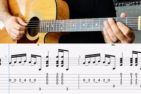 Ręce grające na gitarze akustycznej, obok zapis nutowy i tabulatura pokazujące prosty riff gitarowy.