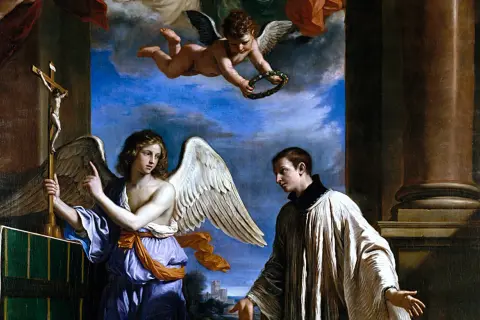Ein Engel zeigt Aloisius von Gonzaga das Kreuz. Ein Putto schwebt darüber und hält einen Kranz.