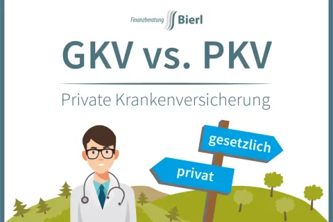 Finanzberatung Bierl: GKV vs. PKV. Ein Arzt steht neben einem Wegweiser mit den Optionen "gesetzlich" und "privat". Ideal für Angestellte, die ihre private krankenversicherung wählen.