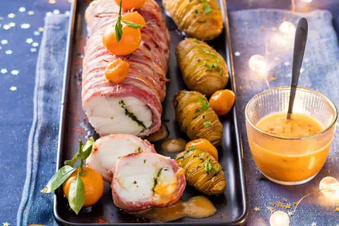 Lotte au lard, un plat festif du carnet de Julie, servi avec des pommes de terre Hasselback et une sauce orangée.