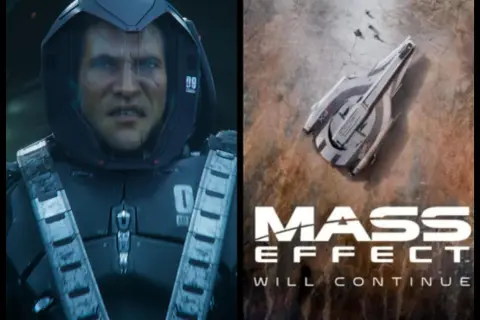 Postać w hełmie i statek kosmiczny z logo Mass Effect.