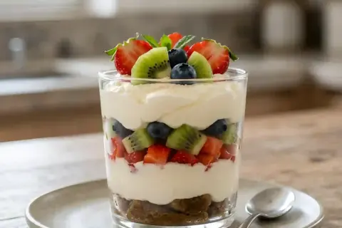Un tiramisu aux fruits d'été, un délice frais et coloré avec fraises, kiwis et myrtilles. Parfait pour une pause gourmande.
