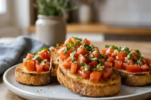 Bruschettas garnies de tomates fraîches, basilic et ail. Une recette simple et savoureuse pour un apéritif parfait.