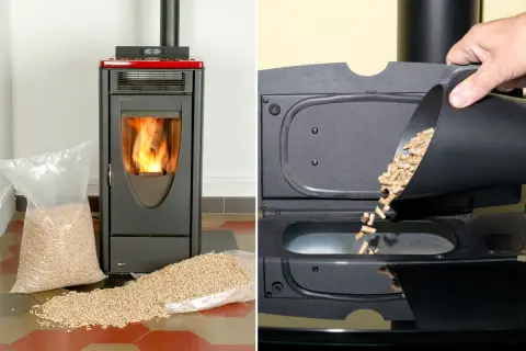 Poêle à granulés allumé, sacs de granulés à côté. Aide à choisir quel pellet choisir pour le remplir.