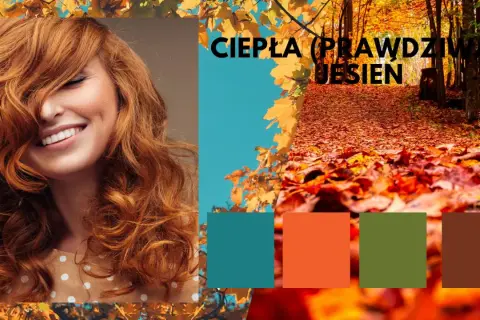 Uśmiechnięta rudowłosa kobieta na tle jesiennego lasu. Inspiracja na ciepła jesień stylizacje.