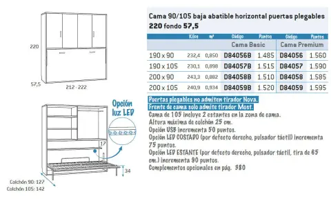 Mecanismo de cama abatible con armario. El espacio entre cama y armario es de 57,5 cm. Incluye opción de luz LED.