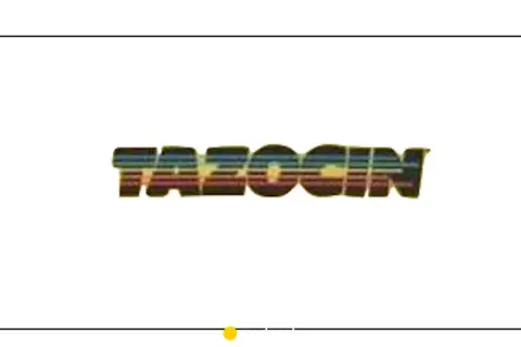 Napis tazocin w stylu retro, z kolorowymi pasami wewnątrz liter.