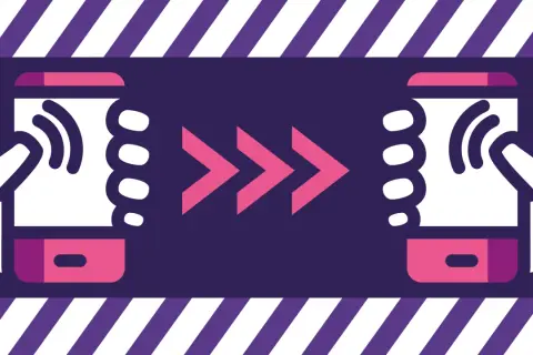 Dwie dłonie trzymają telefony, między nimi trzy różowe strzałki symbolizujące przekierowanie połączeń Play.