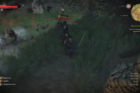 Bitwa o Kaer Morhen: Geralt walczy z wojownikiem Dzikiego Gonu. W tle widać innych przeciwników i ruiny.